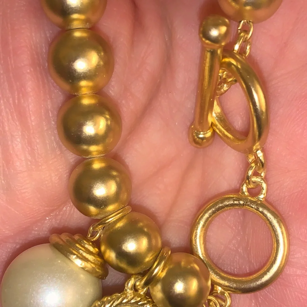 Karine Sultan Elegant Gold Beaded Bracelet with Pearl and Coin Charm - Picture 8 of 11